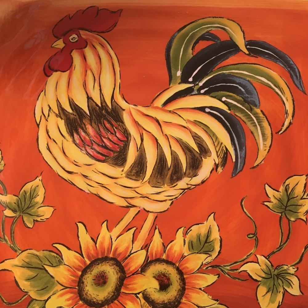 Vintage RARE Maxcera Orange Rooster Platter Plate With Sunflowers Scalloped Edge